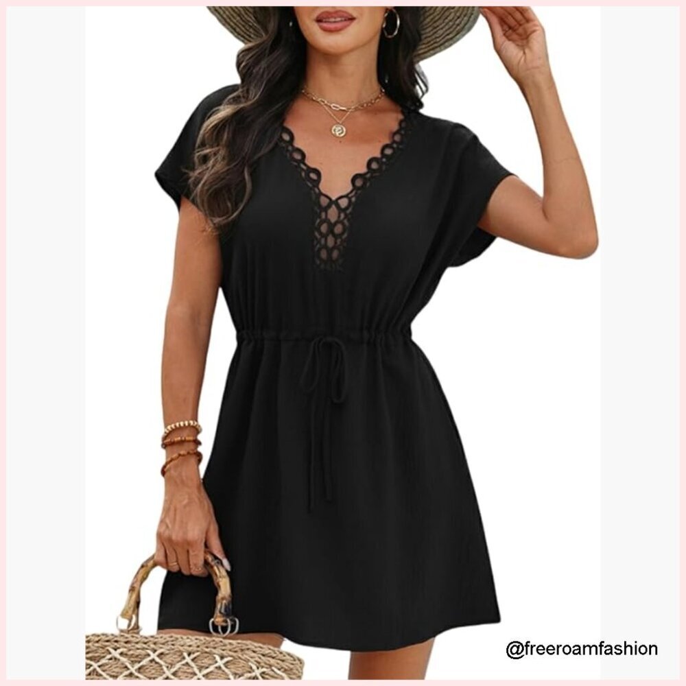 Lace Crochet V-Neck Cover Up Dress for Swimwear, Short Sleeve